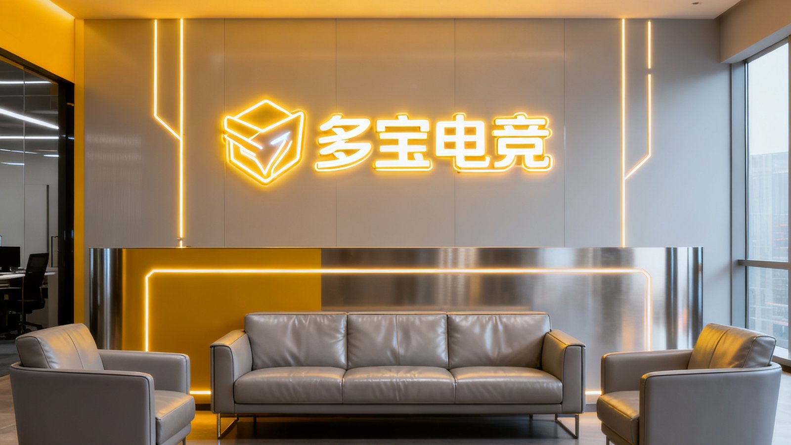 多宝电竞深圳办公室前台接待区，霓虹灯装饰的LOGO墙与简约现代风格的接待沙发组